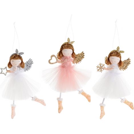Decorazioni natalizie angeli ballerine con abiti in tulle e piumette, ali glitterate e dettagli dorati, set da 9 pezzi, cm 8,5 x 19 H