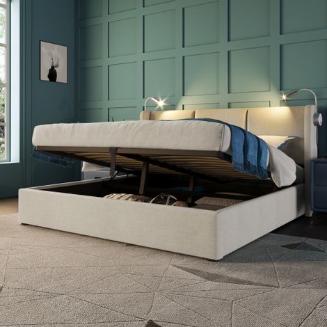 Lit doublé lit de rangement boîte à lit lumière de lecture avec fonction de chargement USB tête, lit de rangement cadre en lin lit de jeunesse 160x200 avec lattenrost (avec matelas) (1/5)