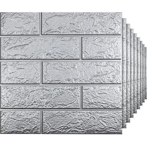 Lot de 10 Panneaux Muraux 3D Autocollants – 35x38 cm Papier Peint Brique Auto-Adhésif Étanche pour Mur Intérieur, Maison, Gris Argenté (1/5)