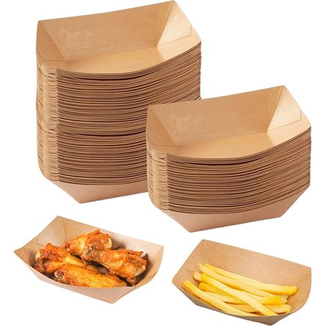 100 Pièces Vaisselle Jetable Forme de Bateau Barquette Frite Kraft Barquette Carton Dégradable Boite Carton Alimentaire pour Frites,Collations,Macarons,Currywurst,Salade, 13 x 7,6 x 3,6CM (1/5)
