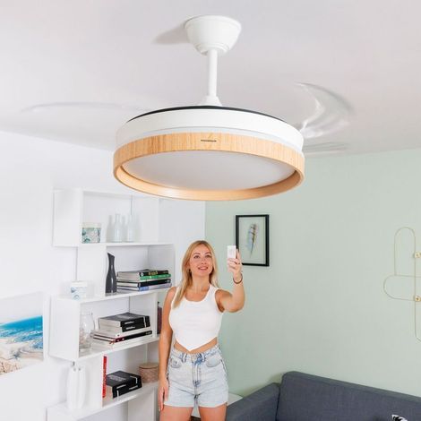 Ventilateur de plafond silencieux avec lumière LED – 4 pales rétractables – Moteur DC – 6 vitesses – Minuterie 1-2-4h – Pour pièces jusqu'à 25 m² – Innovagoods (1/5)