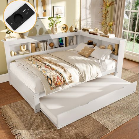 Letto adulti 140x200 cm con letto aggiuntivo 90x190 cm, presa elettrica, 2 porte USB e rete a doghe, senza materasso, bianco (1/5)
