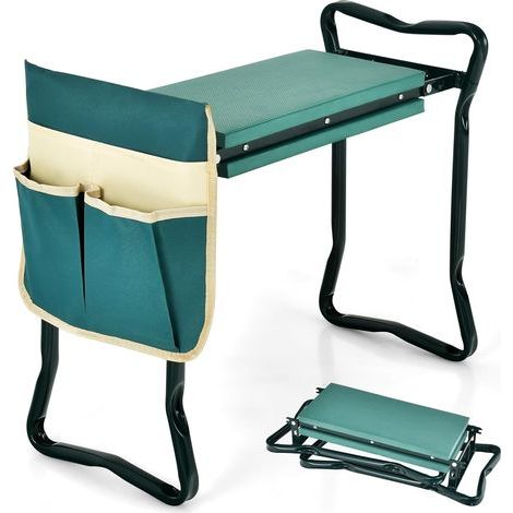 Klappbarer Gartenhocker, Gartenkniebank mit Werkzeugtaschen, dickem Sitzkissen, 150 kg Tragkraft, Mehrzweck-Gartenbank, 58 x 27,5 x 49 cm (Hocker + 1 Tasche, Grün) (1/5)