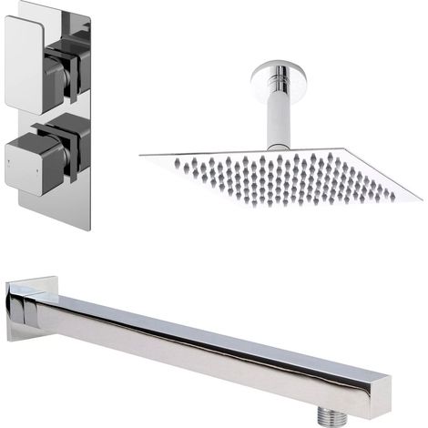 Nuie Windon Thermostatic Twin Square Concealed Shower Valve with Fixed Head and Arm - Chrome (1/2)