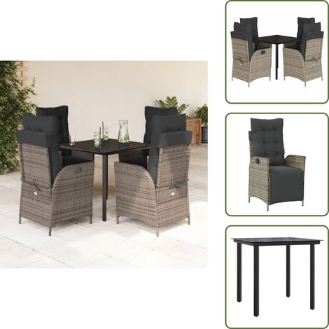 Relaxsessel - vidaXL 5-tlg. Garten-Essgruppe mit Kissen Grau Poly Rattan - Garten-Essgruppe (1/5)