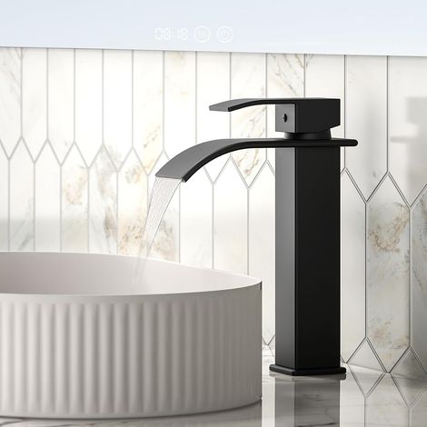 Robinet de salle de bain noir avec bec cascade, robinet de lavabo à poignée unique, robinet de vanité monotrou moderne pour lavabo (1/5)