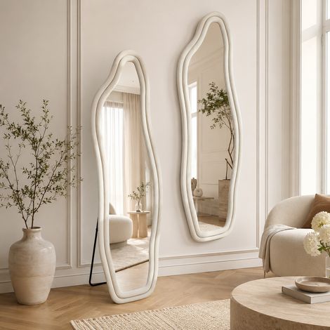 Miroir pleine longueur 160×50cm,asymétrique, miroir sur pied, incassable HD verre,suspension murale,miroir de sol,support réglable,cadre en métal,pour chambre et salon,velours cristal,Blanc