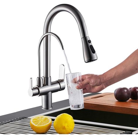 Zamery – Mitigeur de cuisine 3 voies rotatif 360° – Acier inoxydable sans plomb – 3 modes de pulvérisation – Installation facile 3/8' (1/5)