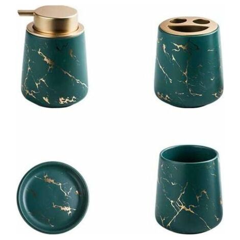 Ensemble de 4 accessoires de salle de bain en céramique marbrée - Distributeur de savon, porte-brosse à dents, gobelet, porte-savon - Vert foncé (1/5)