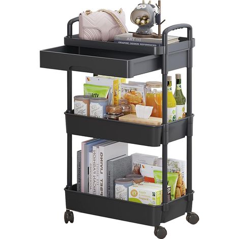 Sinbinta – Chariot de rangement à roulettes 3 niveaux – Design ergonomique avec tiroir – Capacité 20 kg par niveau – Plastique noir – Facile à déplacer