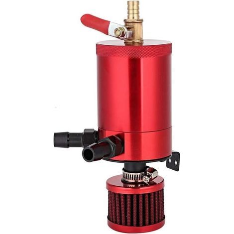Depósito de aceite para automóvil, tanque de aceite universal de aleación de aluminio con kit de accesorios de 2 puertos, cinta negra, azul y roja (roja). (1/4)