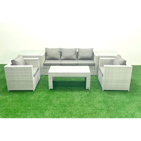 Fimous Salon de jardin 6 Pièces Canapé de jardin Table basse oblongue avec 2 Chaises 2 Tables d'appoint Gris clair mixte (1/5)