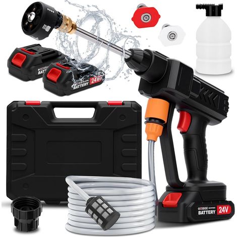 Nettoyeur Haute Pression sans Fil, Max 260 PSI Pistolet Haute Pression sans Fil avec 2 Batteries, 5M Tuyau, Pulvérisateur de Mousse, Adapté pour Nettoyer Les Voitures, Sols