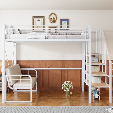 Lit superposé 90x200cm cadre métal solide lit mezzanine canapé amovible rangement escalier de sécurité blanc. (1/5)