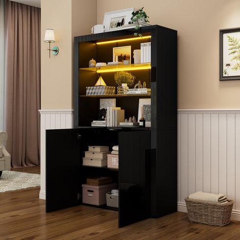Armoire haute salon 100x35x170cm noir avec éclairage LED,2 plateaux verre et 2 compartiments fermés,rangement multifonctionnel.