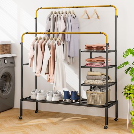 Séchoir à Vêtements Roulant Portant à Double Barres avec Barres de Suspension Réglables en Hauteur Étagères de Rangement en Acier Au Carbone Or CW3418 Maison Chic (1/2)