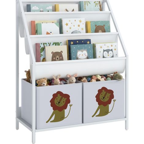 AIYAPLAY librería infantil de 4 niveles estantería para libros con 3 estantes 2 cajones de tela con diseño de león para niños altura 76 cm blanco (1/5)