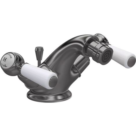Hudson Reed Topaz Dome Collar Bidet Mixer Tap with Waste Lever Handle - White/Brushed Pewter (1/2)