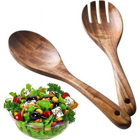 2 Cuillères en Bois pour Salade, Couverts en Bois Réutilisables Écologiques Style Rétro, Spatule et Fourchette en Bois pour Poêles Antiadhésives (1/5)