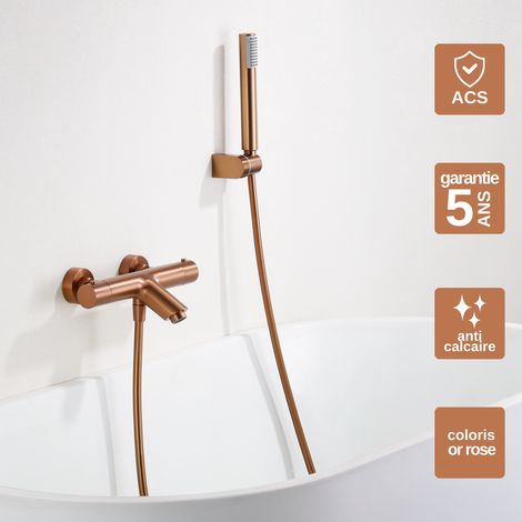 Mitigeur Bain/Douche Thermostatique or rose cuivré Pommeau Anti-Calcaire - Design Moderne - Kit Complet MONZA IMEX (1/4)