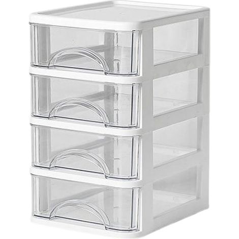 Weiße, transparente Küchenaufbewahrungsbox aus Kunststoff, stapelbar und mit vier Fächern und Schubladen, ideal zur Aufbewahrung von Kaffee, Tee, Zucker und Kaffeesahne auf der Arbeitsfläche.