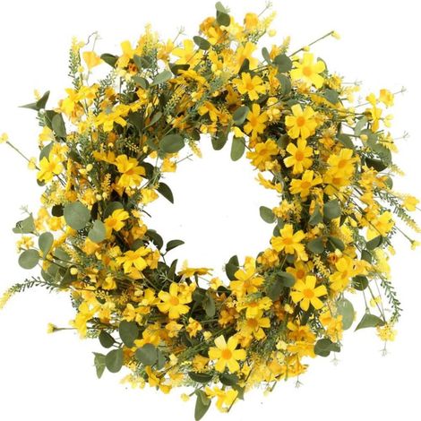Guirlande Circulaire - Couronne Artificielle Fleurie - Fleurs de Marguerite Jaune et Feuillage Vert - Pour Porte d'Entrée Mur ou Véranda - Diamètre 55 cm - 1 Pièce (1/5)