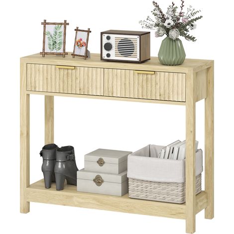 Console de 90 cm de large, console étroite avec 2 tiroirs rainurés et un compartiment de rangement, style moderne, bois naturel
