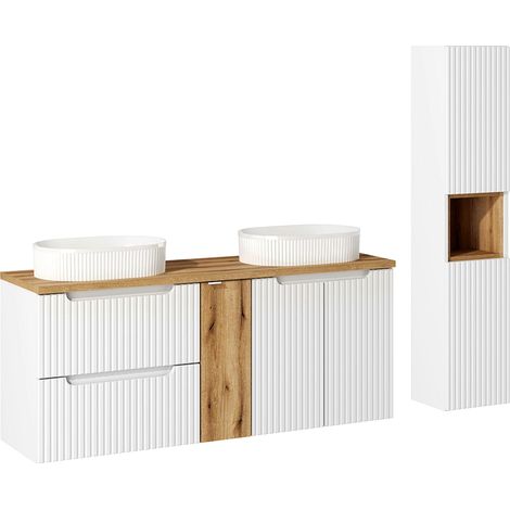 Badmöbel Set 2-teilig mit 140cm Waschtisch, weiß und Eiche, NEWPORT-56-WHITE (1/5)