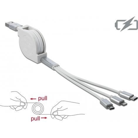 Delock Cable de carga retractil USB 3 en 1 para 8 pines / Micro USB / USB Type-Câ¢ blanco