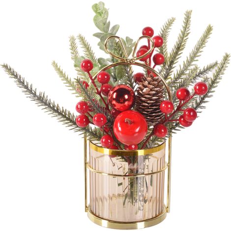 Support décoratif Noël fer forgé doré style nordique avec aiguilles de pin et baies artificielles rouges élégantes pour décoration festive (1/5)