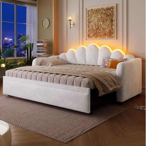 Tagesbett Samt Weiß 90x200 cm mit Ausziehbett, LED-Beleuchtung und Lattenrost (1/5)