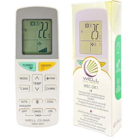 Telecomando universale per condizionatori Daikin, compatibile, design simile all'originale, fino a 5 velocità della ventola, istruzioni in 6 lingue, supporto diretto. (1/5)
