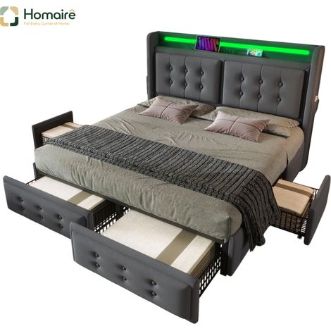 Bettgestell, und Polyester 220 x 188 x 106 cm, aus Leinen, grau HOMAIRE (1/5)