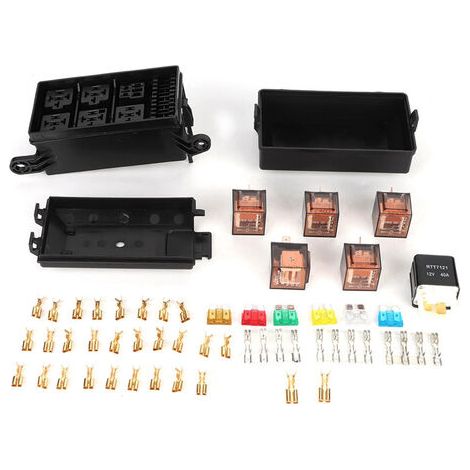 RHG Bote à fusibles de voiture à 6 voies avec 1pc 4p 12v et 5pcs 100A relais de coque transparente pour les courses de voitures de navires (1/5)