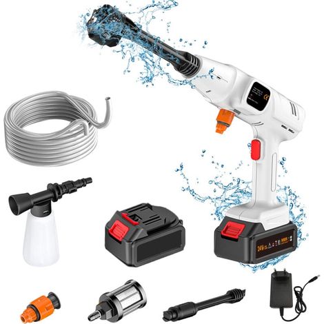 Idropulitrice ad alta pressione senza fili, 50 bar, batteria ricaricabile, gittata 6-15 m, ugello 6 in 1, tubo flessibile da 5 m, adatta per autolavaggio, cortile, giardino (1/5)