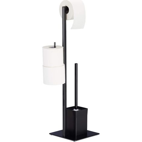 Brosse WC et dérouleur Papier avec Porte-Rouleaux de Rechange, Vertical, Salle de Bain, HLP 72x25x20 cm, Noir (1/5)