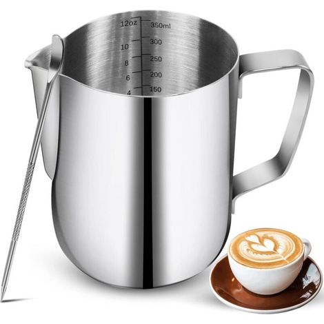 Mousseur à lait en acier inoxydable de 350 ml avec stylo décoratif et tasse à mousser le lait. (1/4)