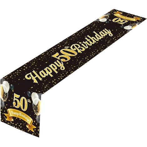 Nappe réutilisable noire et dorée, chemin de table, décoration de table « Joyeux anniversaire », 180 x 35 cm. Créez votre propre décoration de table festive. (1/5)