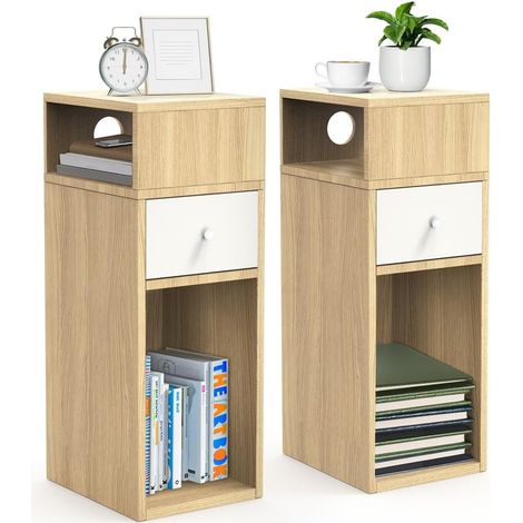 VOUNOT® Nachttisch Schmal 2er Set, Beistelltisch mit 2 offenem Fach & 1 Schublade, 25x30x66cm Natur (1/5)