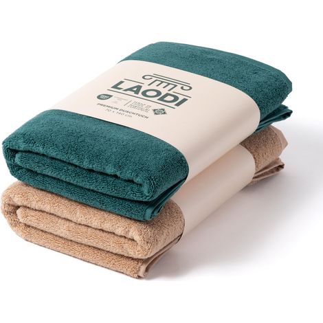 Lot de 2 serviettes de douche 70 x 140 cm en 100 % coton - 570 g/m² - Absorbantes et douces - Fabriqué au Portugal - 2 couleurs - Vert antique et pêche au miel (1/5)