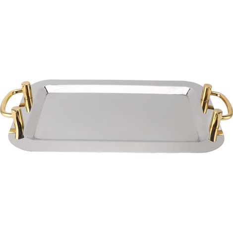 Plateau de service en acier inoxydable, surface miroir élégante et exquise, poignée de transport dorée, 304 assiettes pour buffet d'hôtel rectangulaire (longueur 18,7 pouces)