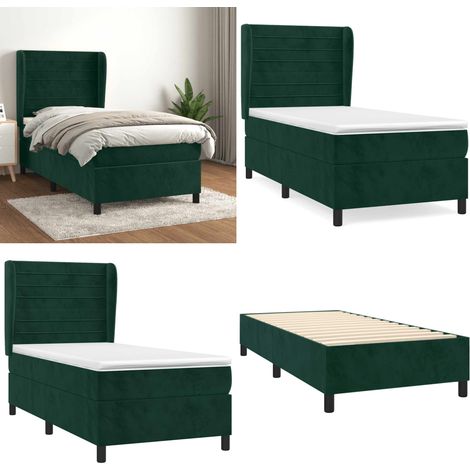 Sommier à lattes de lit avec matelas Vert foncé 90x190 cm - Lit Tapissier - Lit Double - Lit Vert - Lit Velours - Tête De Lit Ajustable - Home & Living (1/5)