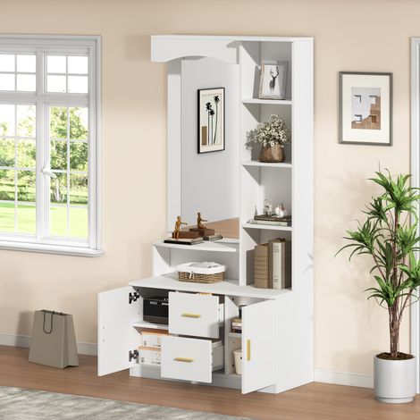 Mueble de entrada con 2 Puertas, 2 Cajones, Estantes y Espejo, Zapatero para Recibidor, en MDF, Blanco (1/5)