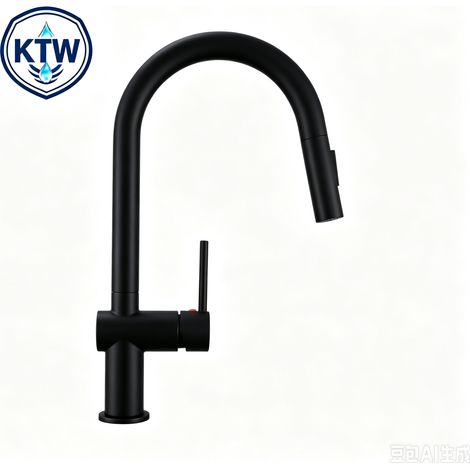 KTW‑zugelassene Küchenarmatur Ausziehbar 360° Drehbar Hochdruck‑Mischbatterie Schwanenhals Wasserhahn Zink‑Messing Matt Schwarz (1/5)