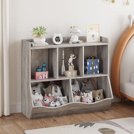 Meuble de Rangement Enfant avec Bibliothèque et Bacs à Jouets, Organiseur 2 Niveaux Gris (1/5)