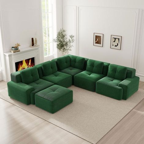 Canapé Modulable 295x295x69cm Velours Côtelé Vert - Canapé d'angle - 5 Places, Sans Montage ni Armature, Mousse 32D, Antidérapant (1/5)