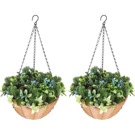 Pack of 2 Faux Plant Artificial Lisianthus Flowers, Hanging Planters with Basket, PE Leaves, 18 Flowers and 3 Pinecones, Decorative Faux Plants for Home Office Decor, Green (1/5)