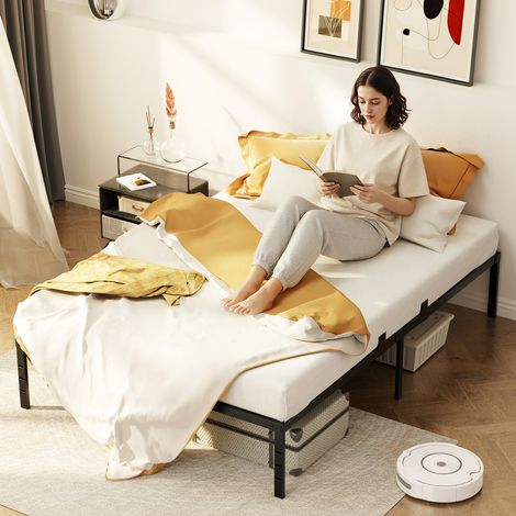 Doppelbett aus Metall 140×190 cm, Bettrahmen für Erwachsene mit 14 Lattenrost, Stauraum unter dem Bett von 32 cm, 9 Füße mit vorgebohrten Löchern, schwarz