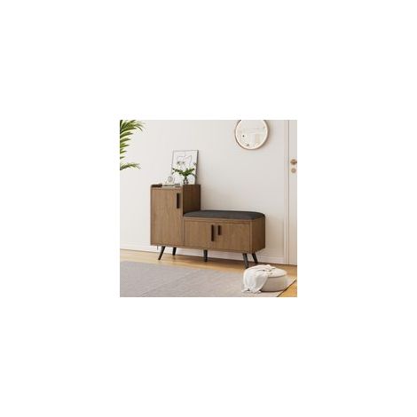 Banc à chaussures marron avec siège confortable et trois portes de rangement, 100x34x68.5 cm (1/5)