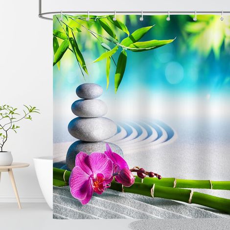 Zen Rideau Douche Anti Moisissure 180x200 Galet Bambou Imprimé Vert Gris Rideau de Douche Baignoire Tissu Imperméable Polyester Rideaux Salle de Bain Lavable Machine avec Anneaux (1/5)